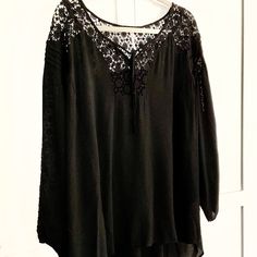 Really Beautiful Peasant Blouse In Solid Black And Trimmed In Crochet Lace. . Note The Lace Yoke In Front Continues Across Shoulder And Across The Back There Are Lace Inserts Down The Length Of The 25” Peasant Style Sleeve. The Blouse Is Labeled Size Large, But Do See Measurements As It Runs Large And Full Plus The Raglan Style Sleeves Allow For A Much Fuller Fit Through The Bust. Very Nice. New Without Tag From The Back Of The Closet. It Is 100% Rayon And Lace Is 100% Cotton. Measurements: Bust Black V-neck Rayon Blouse, Black Long Sleeve Peasant Top, Black Bohemian Lace Top, Black Rayon V-neck Blouse, Black Long Sleeve Peasant Blouse, Flowy Peasant Tunic Blouse, Flowy Long Sleeve Black Blouse, Black Bohemian Long Sleeve Tunic, Bohemian Black Long Sleeve Tunic