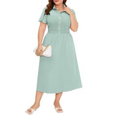 【Summer Shirt Dress for Women】 Collar V Neck, flutter sleeves, button down front（top three buttons are real), chest with smocked design(which is more stylish and makes the chest more comfortable), elastic high waist, midi length, A-line, flared flowy sundress, women's shirt dress, plus size business casual dress. Plus Size Dress Summer, Midi Dress Short Sleeve, Green Sundress, Flowy Sundress, Female Features, Chest Design, Hourglass Dress, Shirt Dress Summer, Business Casual Dresses