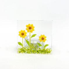 there is a glass vase with flowers in it and some green plants growing out of it