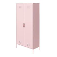 a pink metal locker with two doors