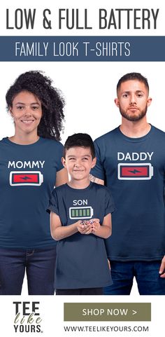 Shop these funny Matching Family T-shirts with Low and Full Battery Graphic on Front. Available in many colors and sizes. Free Shipping now for Father's day. Get one for Father, Mother, Daughter, Son and Baby. #family #matching #outfit #apparel #matchingset #matchingfamily #mommyandme #daddyandme #fatherson #motherdaughter #baby #batterylow #batteryfull #batteryshirts #familylook #matchingfamilytshirts #teelikeyours #fathersday #mothersday #birthday #pregnancy #newbaby #babyshower #announcement Matching Crew Neck T-shirt For Father's Day, Matching Short Sleeve T-shirt For Family Events, Family Matching Short Sleeve Tops For Family Events, Short Sleeve Graphic Print T-shirt For Family Events, Family Matching T-shirt For Father's Day, Cotton Crew Neck T-shirt For Family Events, Funny Cotton T-shirt For Family, Mother's Day Crew Neck T-shirt, Matching Family Graphic Print T-shirt