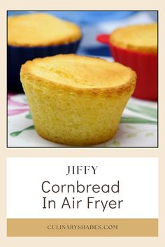 three cornbread muffins sitting on top of each other with the words, jeffy cornbread in air fryer