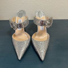 Euc Beautiful Jimmy Choo Smokey Crystal Letter Mule. Wear Only Seen On Bottom Of Shoes. From A Clean, Pet And Smoke Free Home Heels Jimmy Choo, High Heels Classy, Shoes Heels Classy, Jimmy Choo Heels, Chic Shoes, Fancy Shoes, Aesthetic Shoes, Elegant Shoes, Silver Heels