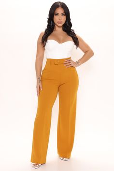 Available In Sage And Mustard. Wide Leg Pants High Waist Pull On Front Seam Detail Button Front Detail Stretch Pair Back With Sasha Open Front Blazer 95% Polyester 5% Spandex Imported | Sasha Wide Leg Pant in Mustard Yellow size Small by Fashion Nova White And Mustard Outfit, Yellow Mustard Outfit, Mustard Yellow Pants Outfit, Mustard Pants Outfit, Yellow Pants Outfit, Mustard Yellow Outfit, Mustard Yellow Pants, Mustard Outfits, Wide Leg Pants Plus Size