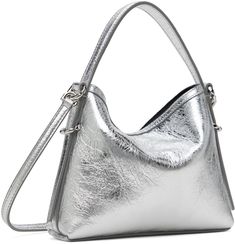 Laminated grained lambskin shoulder bag in silver tone. · Carry handle · Detachable crossbody strap · Logo stamp at face · Pin-buckle straps at face · Open throat · Canvas lining · Logo-engraved silver-tone hardware · H5.5 x W6.5 x D1.5 Supplier color: Light silvery Silver Top Handle Shoulder Bag With Detachable Strap, Chic Silver Satchel Shoulder Bag, Luxury Silver Shoulder Bag With Detachable Handle, Chic Silver Shoulder Bag With Detachable Strap, Silver Shoulder Bag With Detachable Strap For Formal Occasions, Formal Silver Shoulder Bag With Detachable Strap, Modern Silver Shoulder Bag For Formal Events, Formal Silver Shoulder Bag, Modern Silver Bag With Detachable Strap