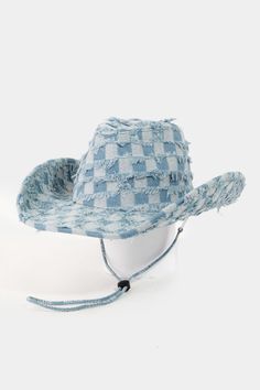 Fame Checkered Fringe Denim Cowboy Hat Denim Cowboy, Wide Brim Felt Hat, Cowboy Chic, Fedora Hat Men, Chapeau Cowboy, Blue Zones, Blue Checkered, Denim Style, Dress Hats