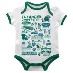 Tulane Green Wave Hand Sketched Vive La Fete Impressions Artwork Infant White Short Sleeve Onesie Bodysuit Green Short Sleeve Bodysuit For Summer, Green Short Sleeve Cotton Onesie, Green Cotton Short Sleeve Onesie, Green Cotton Shortsleeved Onesie, Green Cotton Short-sleeve Onesie, Fitted Short Sleeve Bodysuit With Graphic Print, White Cotton Bodysuit With Character Print, Fitted Graphic Print Short Sleeve Bodysuit, Short Sleeve Bodysuit With Character Print For Playtime