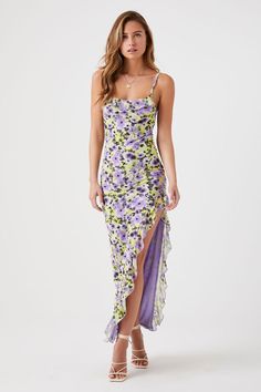 Floral Print Cami Maxi Dress | Forever 21 Ruffled Strap Maxi Dress For Night Out, Fitted Maxi Dress With Ruffled Straps For Night Out, Fitted Floral Print Maxi Slip Dress, Spring Maxi Dress With Ruffled Straps For Night Out, Flirty Spring Bodycon Slip Dress, Flirty Bodycon Slip Dress For Spring, Spring Party Slip Dress With Side Slits, Spring Floral Print Slip Dress For Night Out, Spring Slip Dress With Side Slits