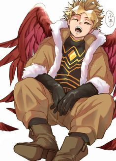 an anime character sitting on the ground with his hands in his pockets and wings outstretched