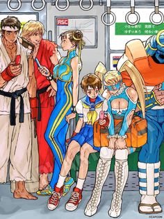 an image of some anime characters on a subway train platform with people standing around and looking at something in the distance