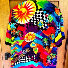 Vintage Rare Gottex Multi Pop Art Shirt Beach Race Auto Fiesta Size Xl Rayon Cotton Blend. Bright Neon With Black. Fancy Gold Button At Neck. Sooooo Cool! Tag Was Cut Off Years Ago. One Owner. Pe4 Pop Art Shirt, Art Shirt, Gold Buttons, Vintage Tops, Cut Off, Black Blue, Blue Black, Pop Art, Cotton Blend