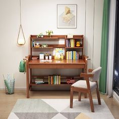 a room with a desk, chair and bookshelf on the floor in front of a window