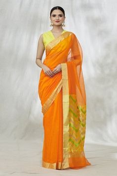 Orange handwoven saree crafted in pure chanderi fabric featuring a contrast silk pallu and border. Accompanied by unstitched blouse fabric., Fit: Relaxed Plain Fabric, Fashion App, Blouse Fabric, Fabric Online, Aza Fashion, Color Orange, Hand Weaving, Mint, Saree