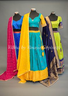 Teal Blue and Yellow Gadwal Silk Lehenga With Embroidered Hemline Of The Sleeves. This teal blue and yellow Gadwal silk lehenga features exquisite embroidery along the hemline of the sleeves for a stunning look. Crafted from a lightweight yet durable fabric, this lehenga is a sophisticated choice for your formal wardrobe.. Lehenga Blouse, Embroidered Dupatta, Silk Lehenga, Blouse Material, Kids Pants, Half Saree, Blue And Yellow, Wedding Wear, Blouse Dress