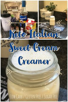 the ingredients to make keto - italian sweet cream creme are shown in this collage