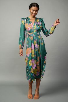 Emmaline Botanical Midi Dress Chic Floral Long Sleeve Dress With Ruffle Hem, Chic Floral Dress With Ruffle Hem Long Sleeve, Chic Long Sleeve Floral Dress With Ruffle Hem, Long Sleeve Midi Dress For Spring Garden Party, Multicolor Floral Midi Dress With Ruffles, Spring Floral Long Sleeve Dress With Ruffles, Fall Midi Dress With Ruffle Hem For Garden Party, Long Sleeve Floral Midi Dress For Garden Party, Long Sleeve Midi Dress For Garden Party In Fall