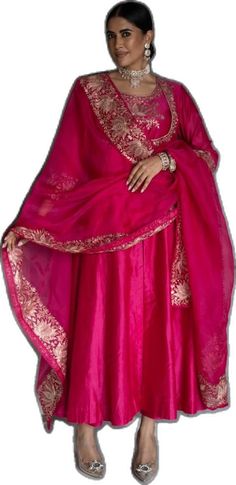 Traditional Pink Katan Silk Anarkali Set, Pink Katan Silk Anarkali Set With Traditional Drape, Designer Pink Katan Silk Salwar Kameez, Traditional Pink Raw Silk Anarkali Set, Pink Semi-stitched Katan Silk Sharara, Pink Semi-stitched Katan Silk Anarkali Set, Pink Katan Silk Traditional Wear With Sheer Dupatta, Pink Anarkali Katan Silk Salwar Kameez, Festive Pink Katan Silk Salwar Kameez