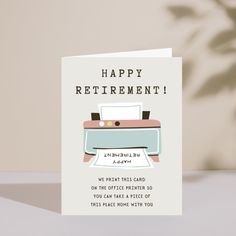 a happy retirement card with an image of a bed and pillow on top of it