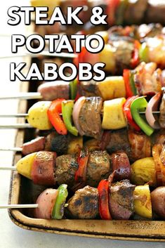 steak and potato kabobs on skewers with text overlay