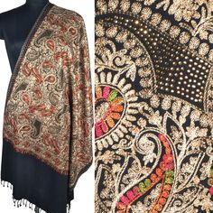 The beauty of the nature is captivated by the skilled artisans of Kashmir, India taking months to create an expensive embroidery needle which two pieces can never be duplicated, is finally adorned the pashminas. A heirloom item and one for the fashionistas. Quality: Fine Quality, Soft and Smooth, 50% Silk 50% Pashmina Scarf Embroidery is done with Fine Silk Thread, Hand-Beaded with Crystals for accent. Size:  30x80 inch or 75x200 cm Origin: Kashmir, INDIA.  Crewel Embroidery is Kashmir's rich in Scarf Embroidery, Handwoven Shawls, Kashmir India, Scarf Handmade, Crewel Embroidery, Embroidery Needles, Pashmina Scarf, Indigenous Art, Silk Thread