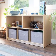 a wooden shelf with baskets and plants on it in front of a window, next to a rug