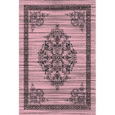 a pink area rug with an ornate design on the front and back side, in black ink