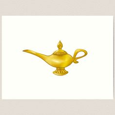 a golden teapot with a handle on it's side, against a white background