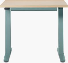 a wooden table with metal legs and a light blue finish on the top, against a white background