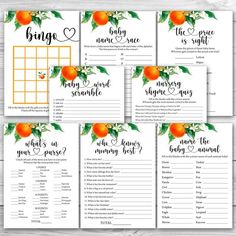 the printable baby shower game is shown with oranges