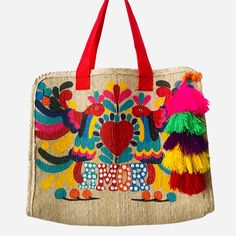 Welcome to SOLOLI, your whimsical haven for cute and boho-chic palm leaves tote bags adorned with hand-painted art. Prepare to be captivated by our collection inspired by the intricate Otomi patterns, infused with vibrant colors and bursts of love. Each bag is a unique work of art, carefully handcrafted and meticulously hand-painted, ensuring exquisite quality and attention to detail. Embrace the joy of self-expression with our one-of-a-kind palm leaves tote bags. Not only are they adorned with Artisan Embroidered Beach Bag, Hand Painted Summer Tote Bag, Hand Painted Tote Bag For Summer, Multicolor Embroidered Tote Bag For Vacation, Multicolor Embroidery Tote Bag For Vacation, Bohemian Straw Bag With Double Handle, Bohemian Embroidered Multicolor Beach Bag, Colorful Bohemian Woven Bag, Bohemian Multicolor Embroidered Beach Bag