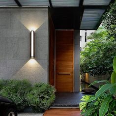 the entrance to a modern house with wooden doors and plants in the foreground, next to a black car