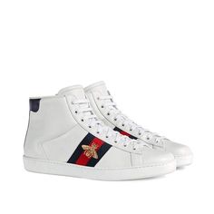 Gucci Bee Ace High-Top Sneakers White Leather Trainers 501803 DOPE0 (GG1702)-AmbrogioShoes Gucci Bee, Red Web, Mens Designer Shoes, Leather High Tops, Gucci Men Shoes, Leather Trainers, Shoes White, Gucci Men, Men Shoes Size