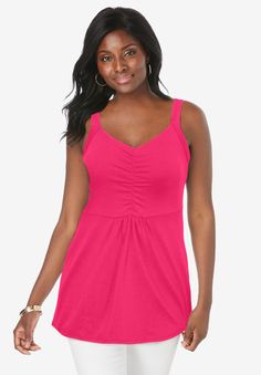 This plus size cami has feminine shirring and an empire waist that make it much more than just your basic tank top. in a shaped fit for a graceful silhouette30" lengthV'd neckline wide bra-friendly straps cotton/spandex machine wash; imported Tunic Tank Tops, Stretch Top, Swimsuits For All, Sweater Tank Top, Ladies Of London, Cocktail Dress Party, Basic Tank, Empire Waist, Cotton Spandex