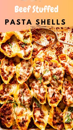 a casserole dish with beef stuffed pasta shells in it and the title overlay reads, beef stuffed pasta shells