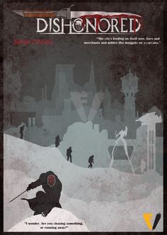 a movie poster for dishonored with people in the snow and buildings behind them