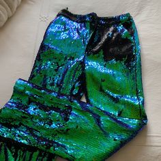 Great Condition Sequin Pants By Chinese Designer Mukzin. Fully Lined And Sit Above The Hip. Fun Party Pant Sequin Pants, Party Pants, Pants Color, Pant Jumpsuit, Sequin, Blue Green, Color Blue, Straight Leg, Pants For Women