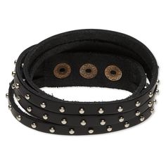 Ready-to-wear black leather wrap bracelet features three strands with imitation rhodium-plated steel round studs. Three snap closure provides an adjustable fit. The overall bracelet length measures 16 to 17-1/2 inches. Leather Dye, Leather Wrap Bracelet, Everyday Jewelry, Wearing Black, Rhodium Plated, Wrap Bracelet, Snap Closure, Black Leather, Dye