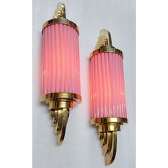 Pair Skyscraper Vintage 1940s Art Deco Wall Sconces Fixture Brass & Pink Glass Rod Ship Light | Chairish Art Deco Wall Sconces, Ship Light, 1940s Art Deco, 1940s Art, Deco Wall, Art Deco Wall, Old Lamps, Art Deco Home