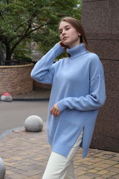 Sky Blue Wool Pullover With Side Slits Women Turtleneck Sweater Knitted Jumper Gift for Her One Size Sweater High quality woolen Jumper made of high-quality baby yarn. Pullover with side slits and cuffed sleeves. One size turtleneck jumper the best decision for winter. Side slits up to waistline. Wool cozy pullover will be great gift for her Composition:  50% lambswool, 30% viscose, 20% polyamide Model's height is 173 cm / 5.2 ft. The sweater is made in one size. Sweater length 67cm (26.37''), chest width 53cm (20.86'').  * The color of the product may differ depending on the screen of your device. Care: Hand wash or machine wash - Turn your wool sweater inside out, or use a laundry bag - Add a wool detergent - Set your cycle to the wool setting. If your washing machine does not have a woo Woolen Jumper, Sweater With Side Slits, Sweater Colors, Women Turtleneck, Turtleneck Jumper, Wool Pullover, Turtle Neck Jumper, Ladies Turtleneck Sweaters, Cozy Pullover