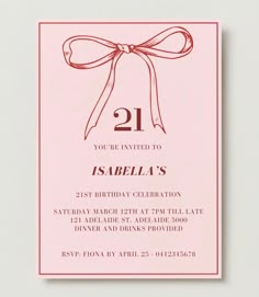 a pink 21st birthday party card with a bow on the front and number 21 printed on the back