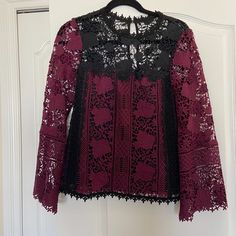 Never Worn. It's A Beautiful Top, But I Haven't Had The Occasion To Wear It. Black Lace Patchwork Tops For Evening, Black Lace Patchwork Blouse For Evening, Black Lace Top For Fall, Black Lace Top For Evening In Fall, Lace Top Black, Green Floral Blouse, Striped Tops Women, Peach Blouse, Sheer Floral Blouse