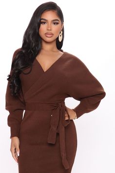 Mona Sweater Midi Dress - Chocolate, Dresses | Fashion Nova Fall Wrap Dress, Dusty Blue Sweater, Chocolate Dresses, Sweater Midi Dress, Chocolate Fashion, Dress Dusty, Sweater Dress Midi, Womens Black Dress, Blue Sweater