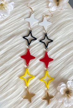 star dangle earrings Pow Wow Earrings, Bohemian Multicolor Star-shaped Jewelry, White Bohemian Star Jewelry, Bohemian White Star Jewelry, Red Star-shaped Earrings With Star Charm, Red Star Charm Earrings, Multicolor Dangle Plug Earrings, Handmade Star-shaped Festival Earrings, Handmade Star Earrings For Festivals