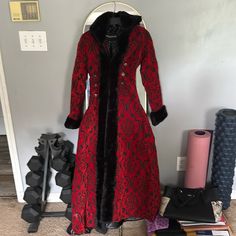 Red And Black Gothic Coat. Says M/L But Fits A Small Frame Better. I Am Busty So It Never Fit Me Right. Never Worn From Czech. Black Costume Outerwear, Black Outerwear For Costume, Red Costume Outerwear For Fall, Red Outerwear For Costume Events In Fall, Red Outerwear For Fall Costume Events, Red Outerwear For Fall Costume, Red Long Sleeve Outerwear For Evening, Red Fitted Outerwear For Evening, Red Long Sleeve Evening Outerwear