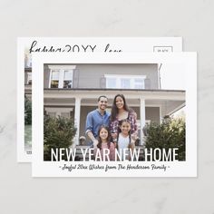 a new year's card with an image of a family in front of a house