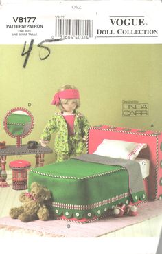 the doll is standing next to her bed and other furniture in front of it,