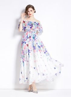 Envision a serene walk through a flourishing garden with this ethereal floral maxi dress. Its whisper-soft chiffon fabric floats around the body, featuring a symphony of pastel florals that bloom against an immaculate white backdrop. The dress offers an off-shoulder neckline draped with a delicate ruffle, adding a romantic flair that’s reminiscent of the first blush of spring. An elasticized waist cinches gently, providing comfort and definition, while the full, flowing skirt glides gracefully t Flounces Dress, Romantic Vibes, Sleeveless Dresses Casual, Flounce Skirt, Push Up Swimsuit, Sheer Overlay, A Love Letter, Flounced Dress, Garden Parties