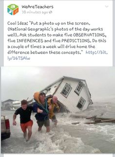 two kids running through the water in front of a house that has been knocked over