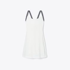 Carefully designed to optimize freedom of movement on the court, the cross-back dress introduces a new style to the tennis wardrobe. Fitted with an A-line silhouette and mini length, the lightweight dress features mesh side panels and a built-in unitard for support and coverage. Crafted in performance jersey — a technical fabric offering breathability and moisture wicking properties. Chic A-line Tennis Dress For Spring, Spring Mini Length Tennis Dress In Athleisure Style, Spring Athleisure Mini Length Tennis Dress, Sporty Sleeveless Mini Dress For Spring, Sporty V-neck Sports Dress, Fitted White Tennis Dress With Contrast Trim, White Chic Dress With Contrast Trim, Sporty Fitted Tennis Dress With Contrast Trim, Sporty Sleeveless Tennis Mini Dress