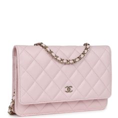 Chic Pink Wallet On Chain For Formal Occasions, Elegant Pink Wallet On Chain For Evening, Elegant Pink Evening Wallet On Chain, Elegant Pink Wallet On Chain With Strap, Pink Evening Wallet On Chain With Chain Strap, Chanel Classic Wallet On Chain, Chanel Woc, Chanel Box, Pink Chanel